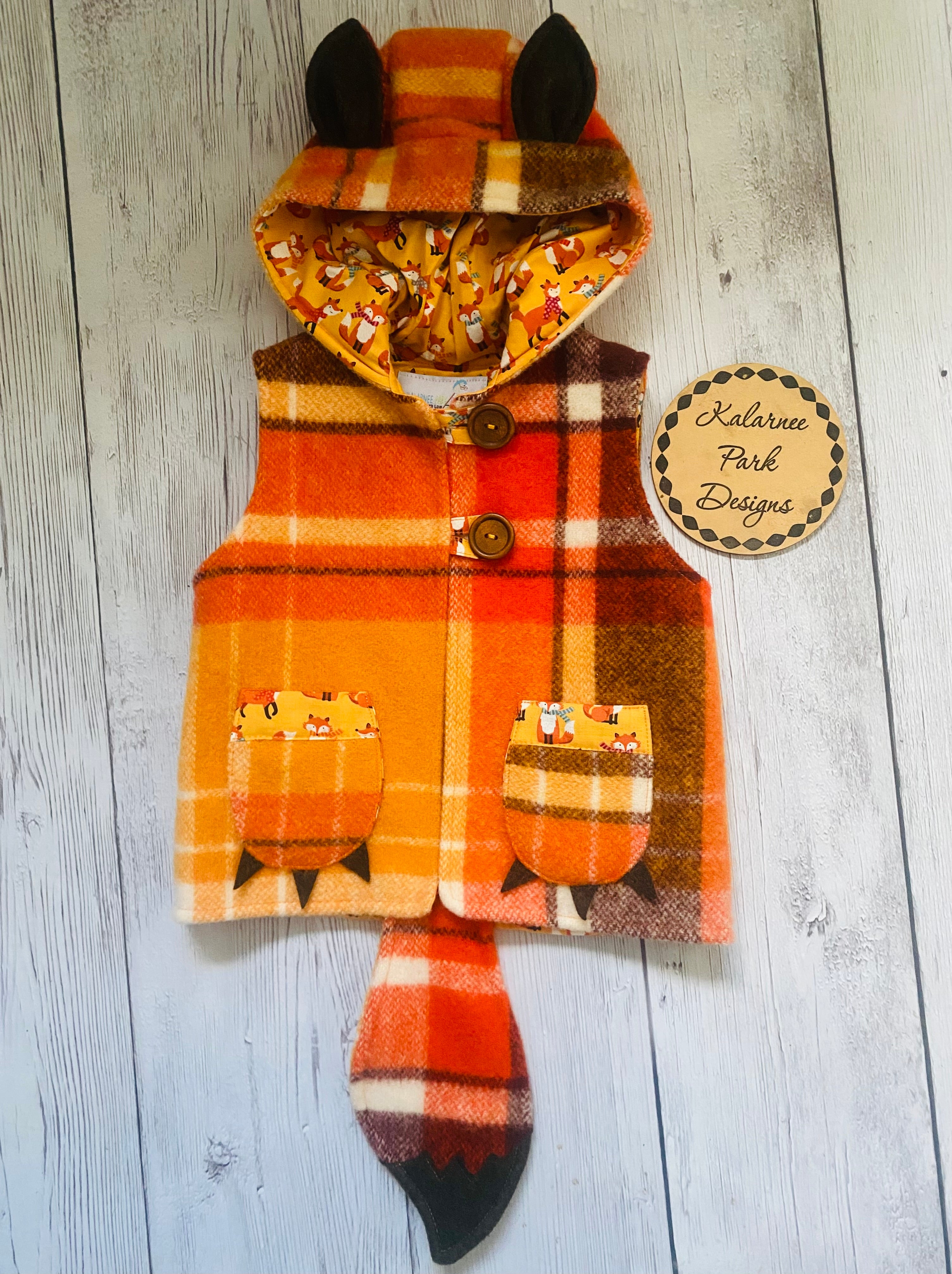 Vintage Wool Blanket Upcycled Fox Vest Size 2