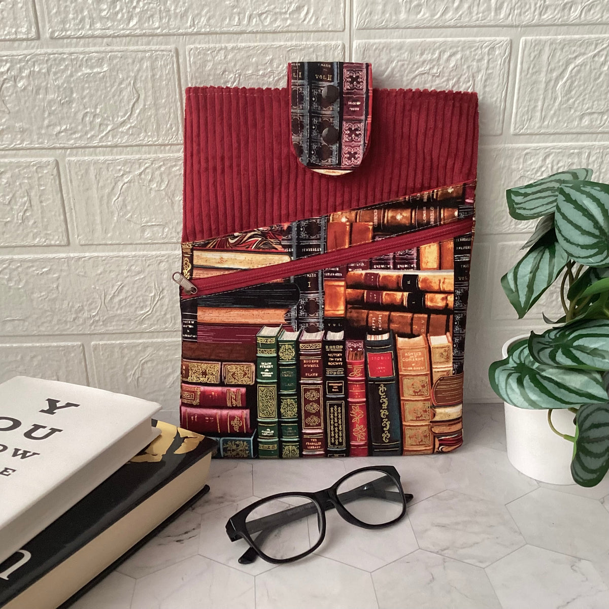 Library books fabric book sleeve with 2 pockets. iPad, tablet pouch
