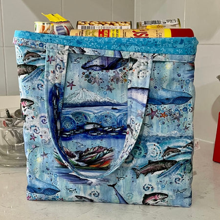 Grocery Tote .. Whales & Fish .. Lined with a storage pouch