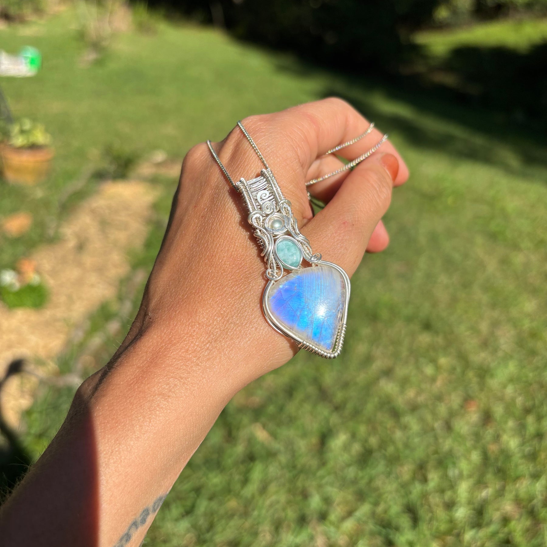 Moonstone, Larimar, Pearl, silver pendant