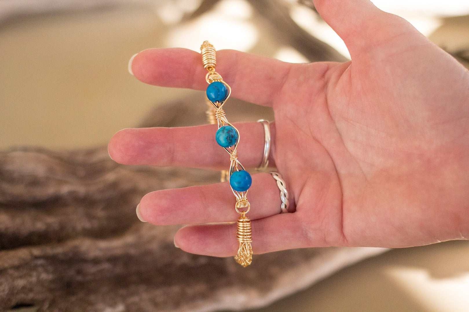 Gold Wire Knitted Bracelet With Blue Jasper Stone