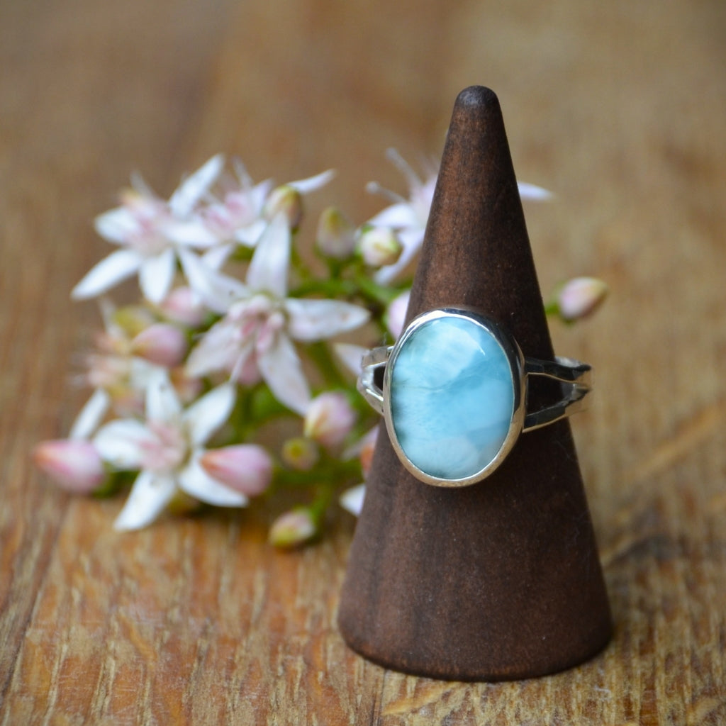 Larimar Silver Ring on a Hammered Split Band Size P