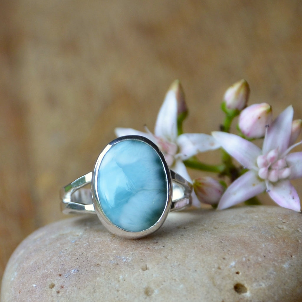 Larimar Silver Ring on a Hammered Split Band Size P