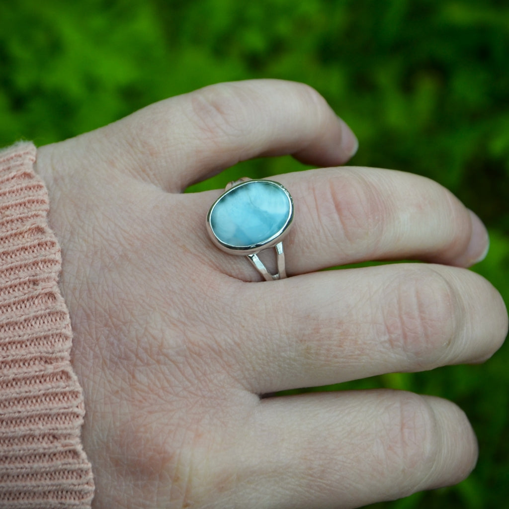 Larimar Silver Ring on a Hammered Split Band Size P