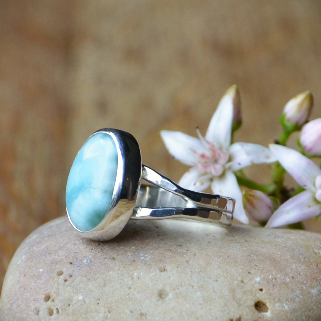 Larimar Silver Ring on a Hammered Split Band Size P