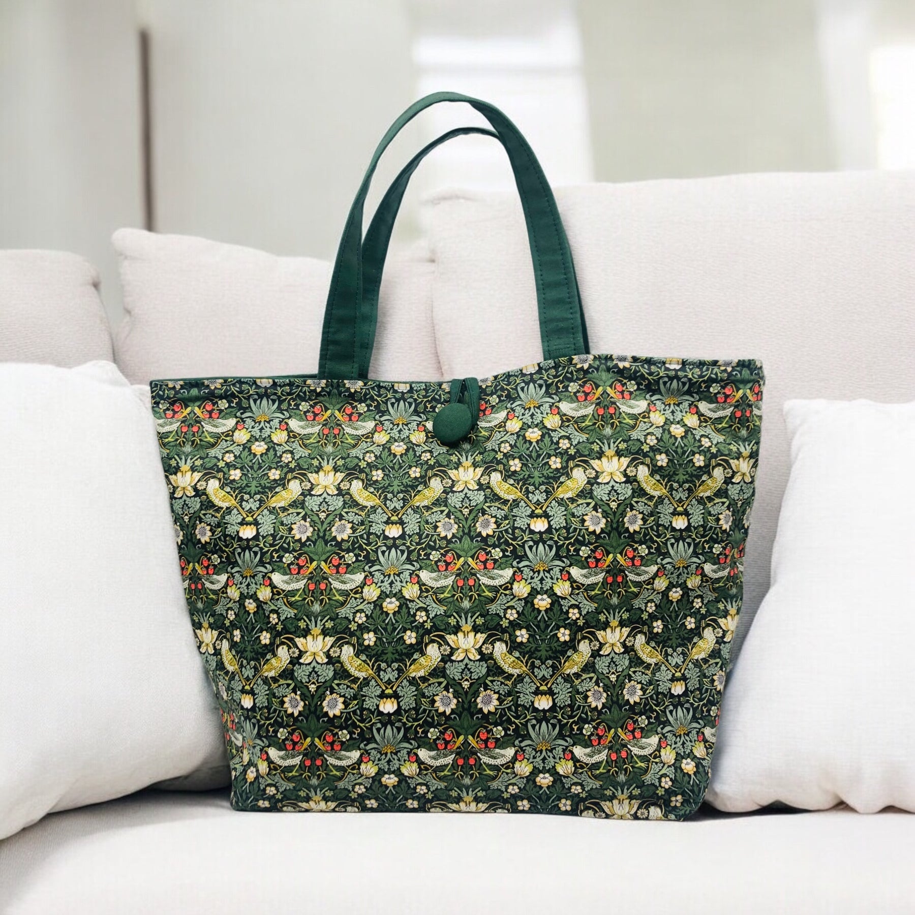 Liberty fabric Strawberry thief tote project bag - fully lined in vintage green drill - reversible - large zipper pocket
