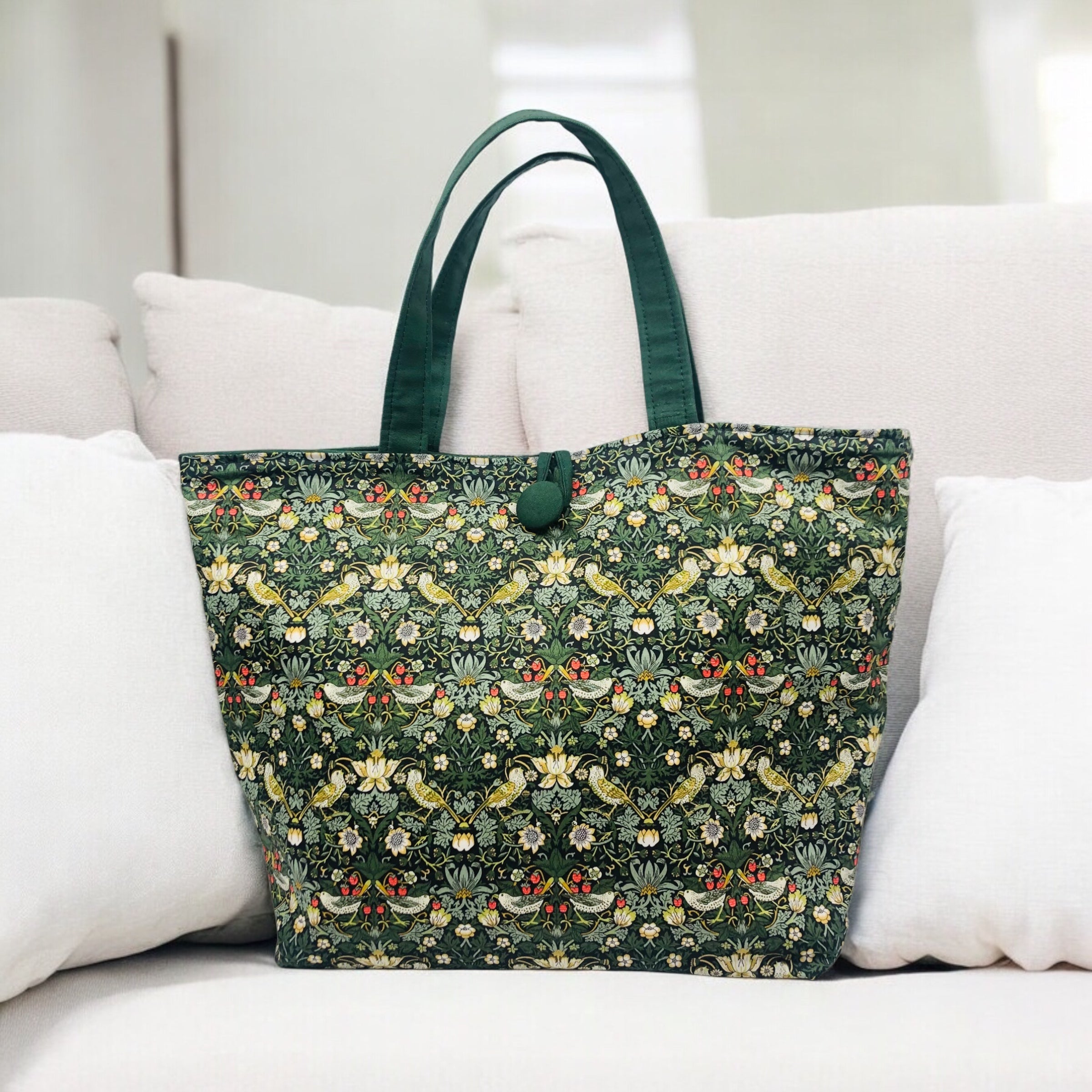 Liberty fabric Strawberry thief tote project bag - fully lined in vintage green drill - reversible - large zipper pocket