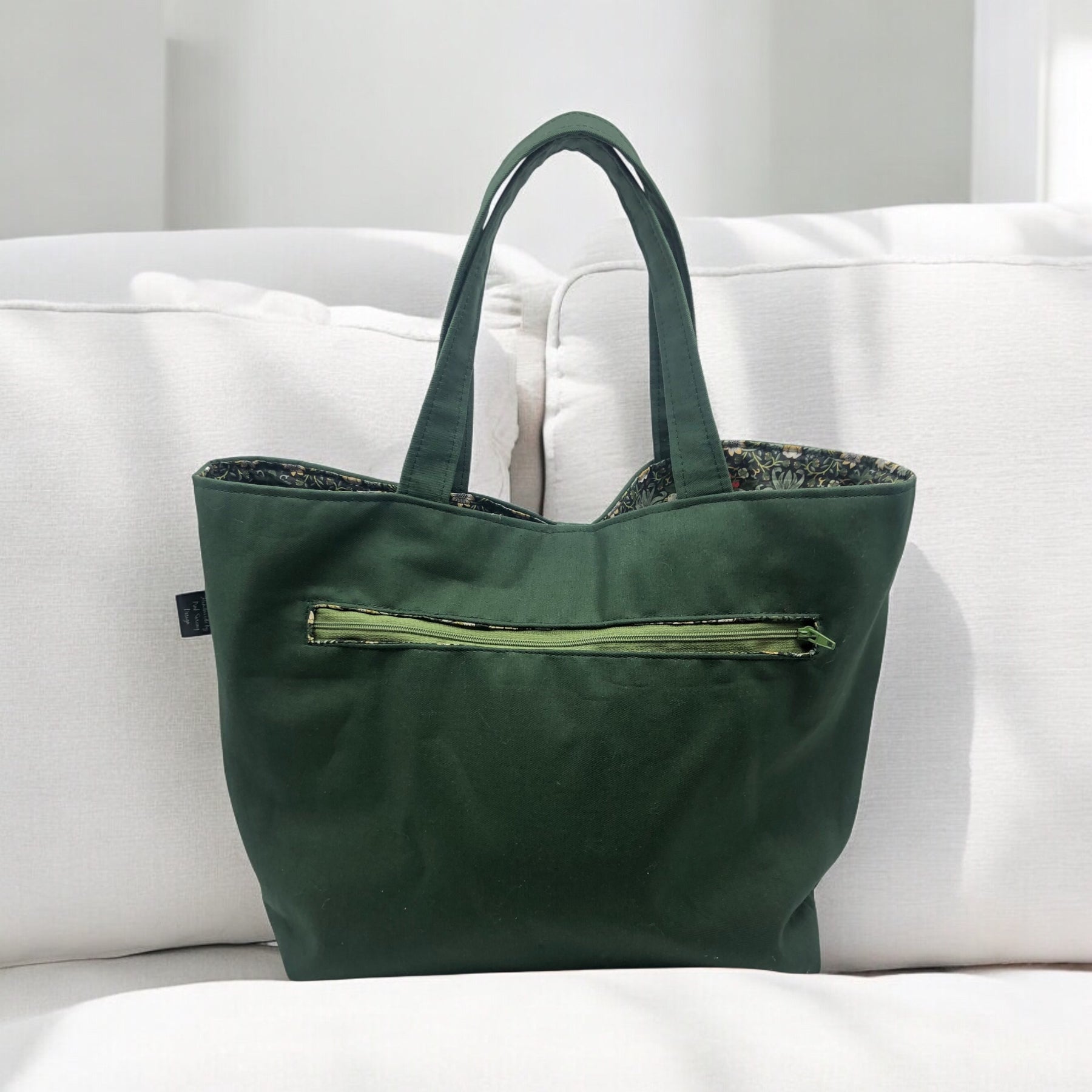 Liberty fabric Strawberry thief tote project bag - fully lined in vintage green drill - reversible - large zipper pocket