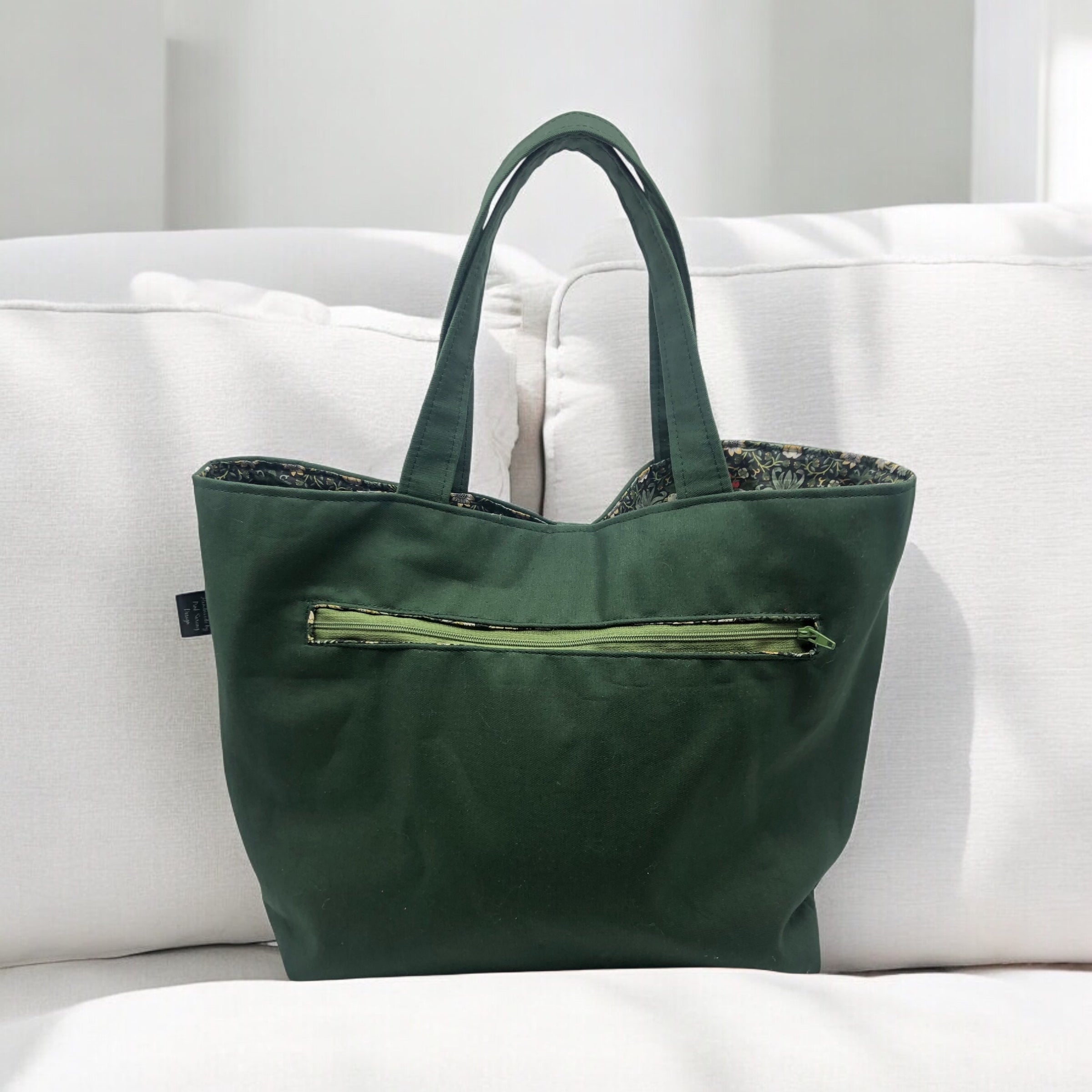 Liberty fabric Strawberry thief tote project bag - fully lined in vintage green drill - reversible - large zipper pocket