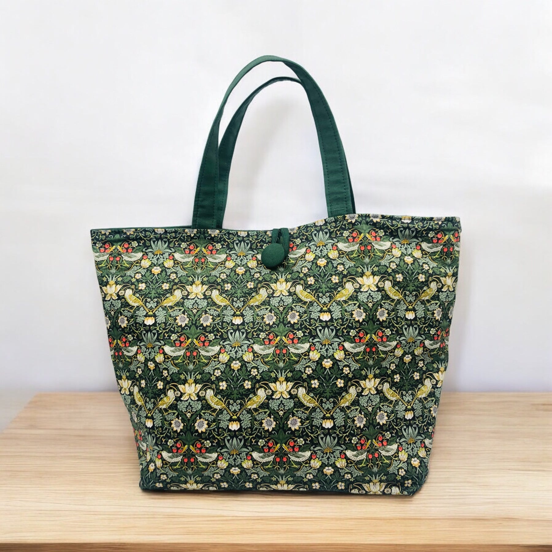 Liberty fabric Strawberry thief tote project bag - fully lined in vintage green drill - reversible - large zipper pocket