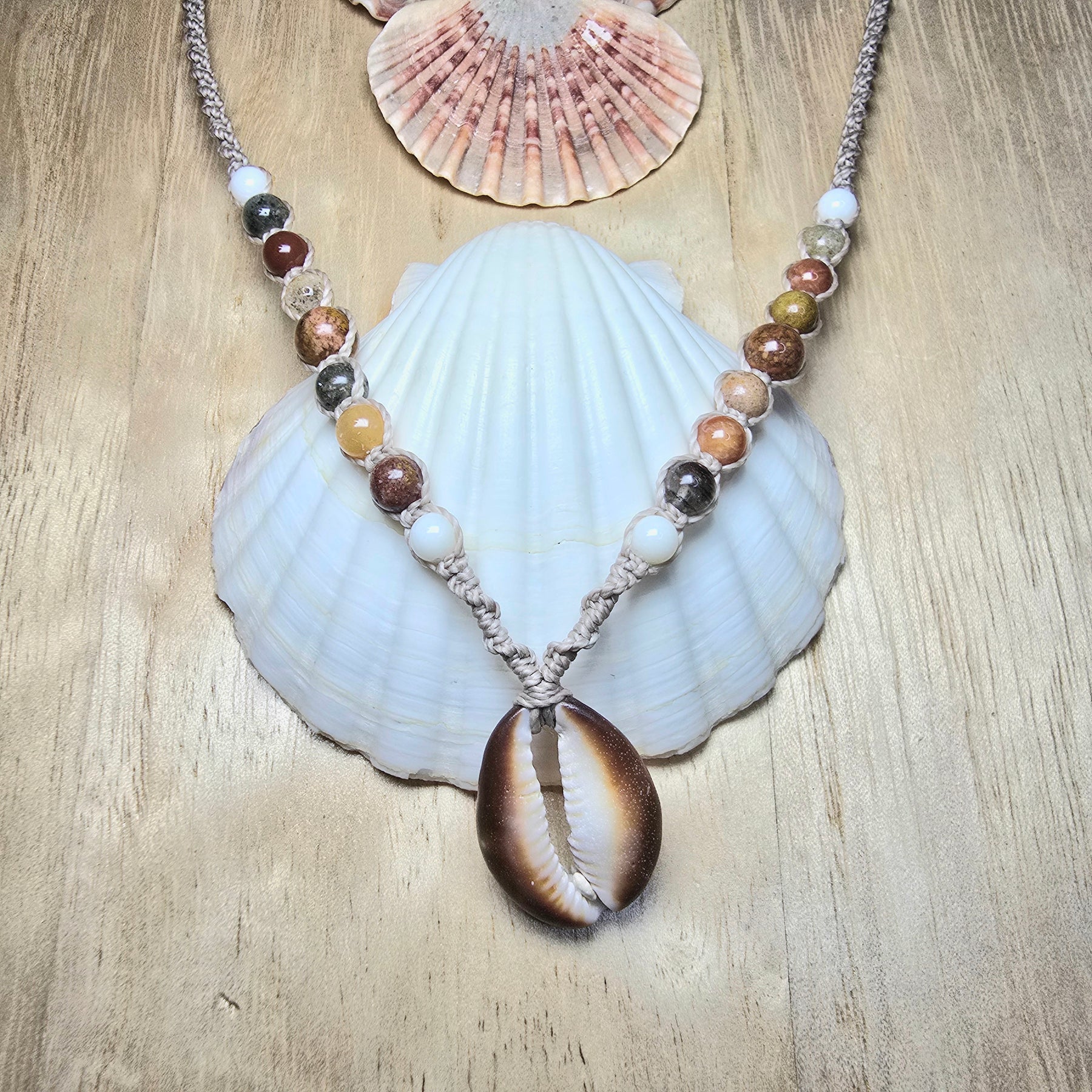 Cowrie Shell and Ocean Agate macrame Necklace