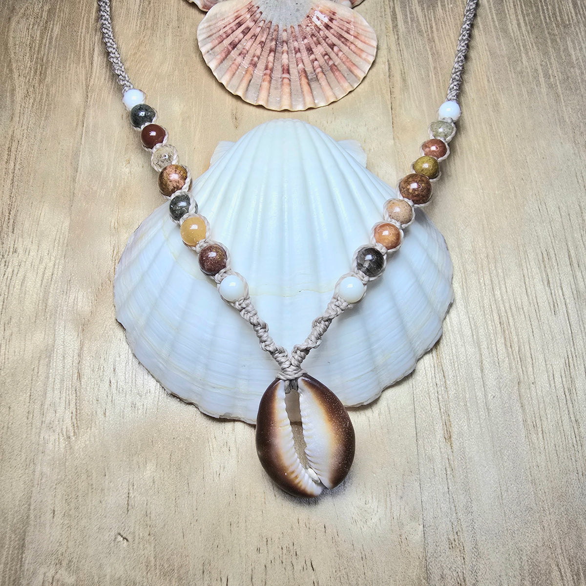 Cowrie Shell and Ocean Agate macrame Necklace