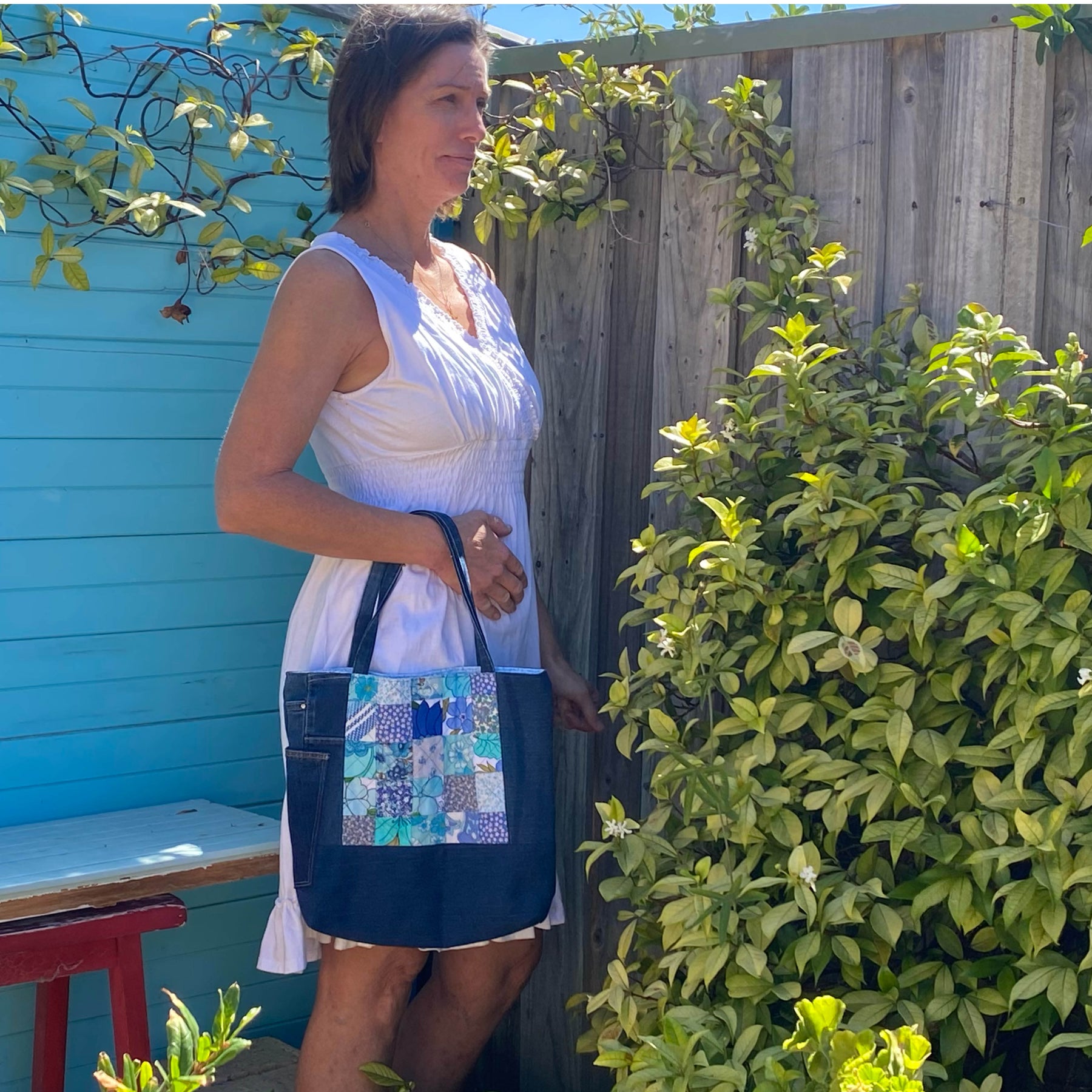 Coastal Blue Handmade Tote Bag Upcycled Vintage Fabrics & Denim Made
