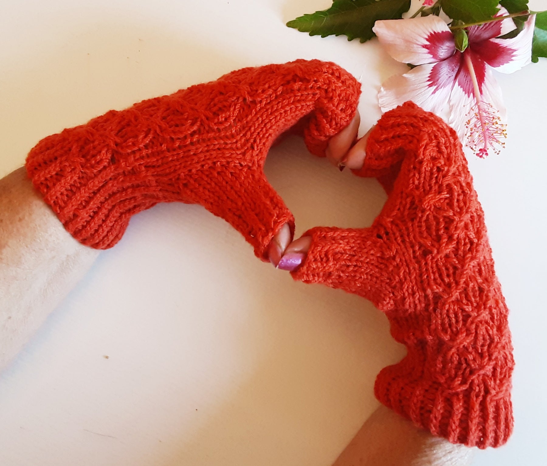 Handknitted fingerless mittens/gloves - burnt orange