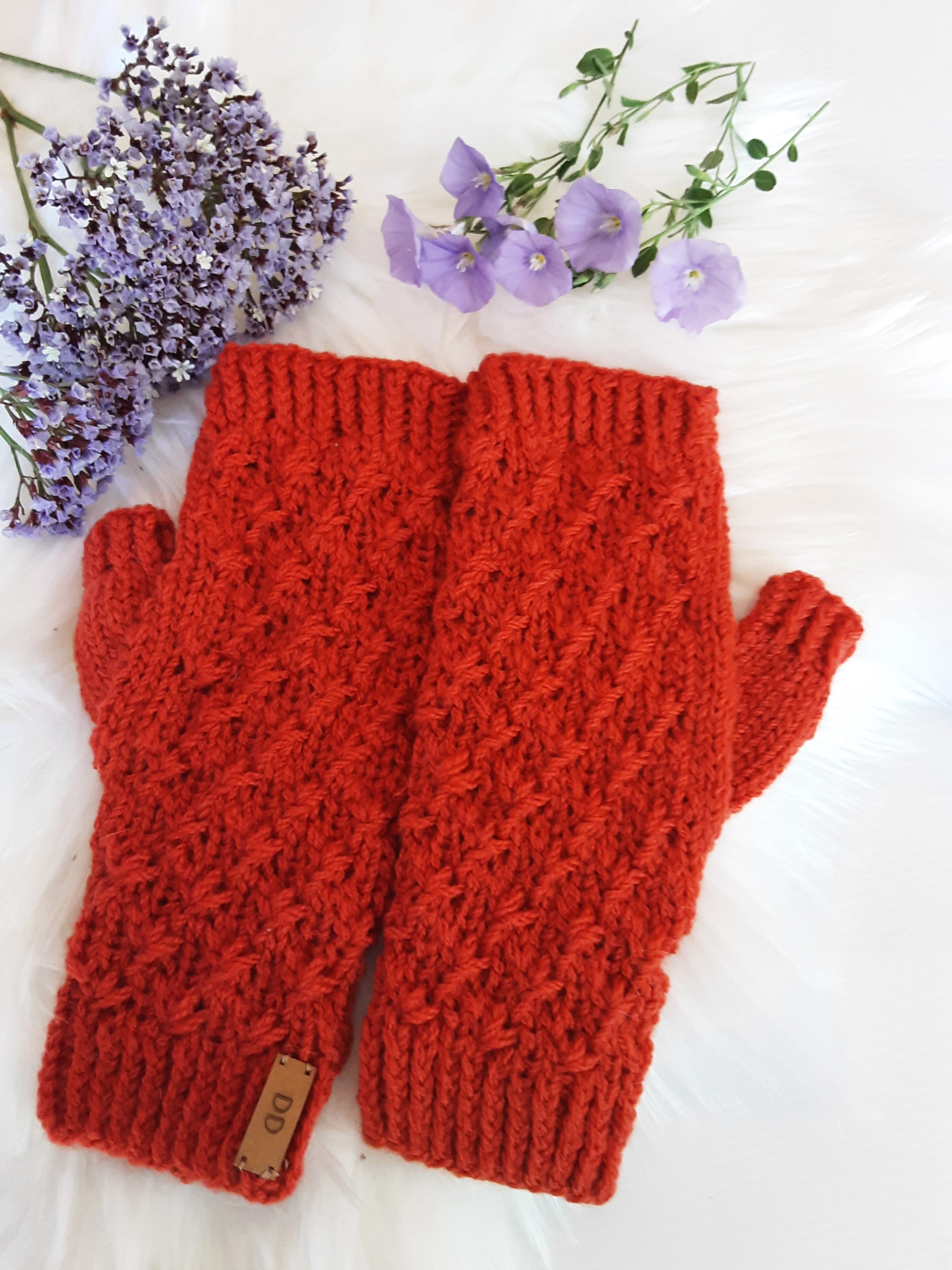 Handknitted fingerless mittens/gloves - burnt orange