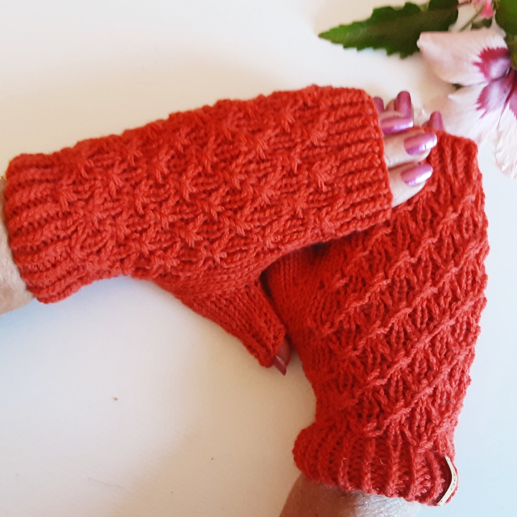 Handknitted fingerless mittens/gloves - burnt orange