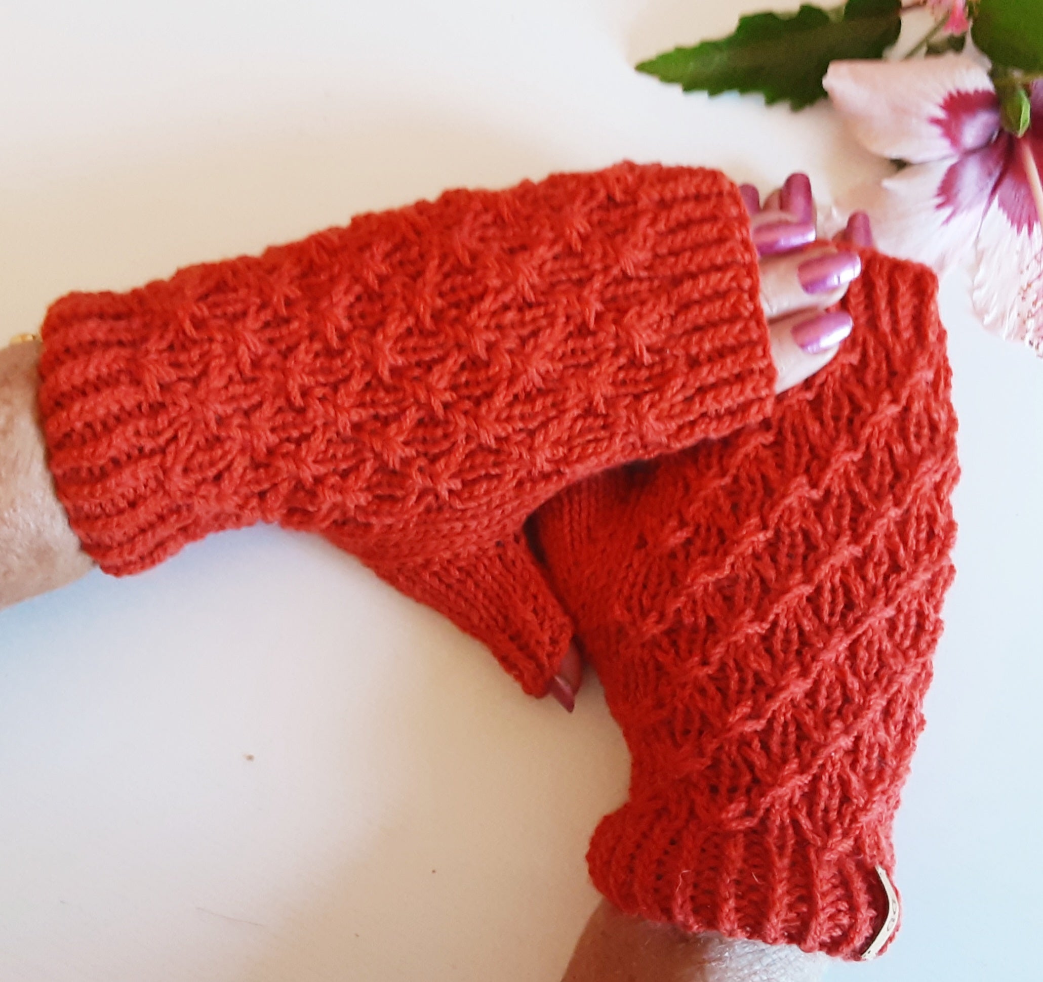 Handknitted fingerless mittens/gloves - burnt orange