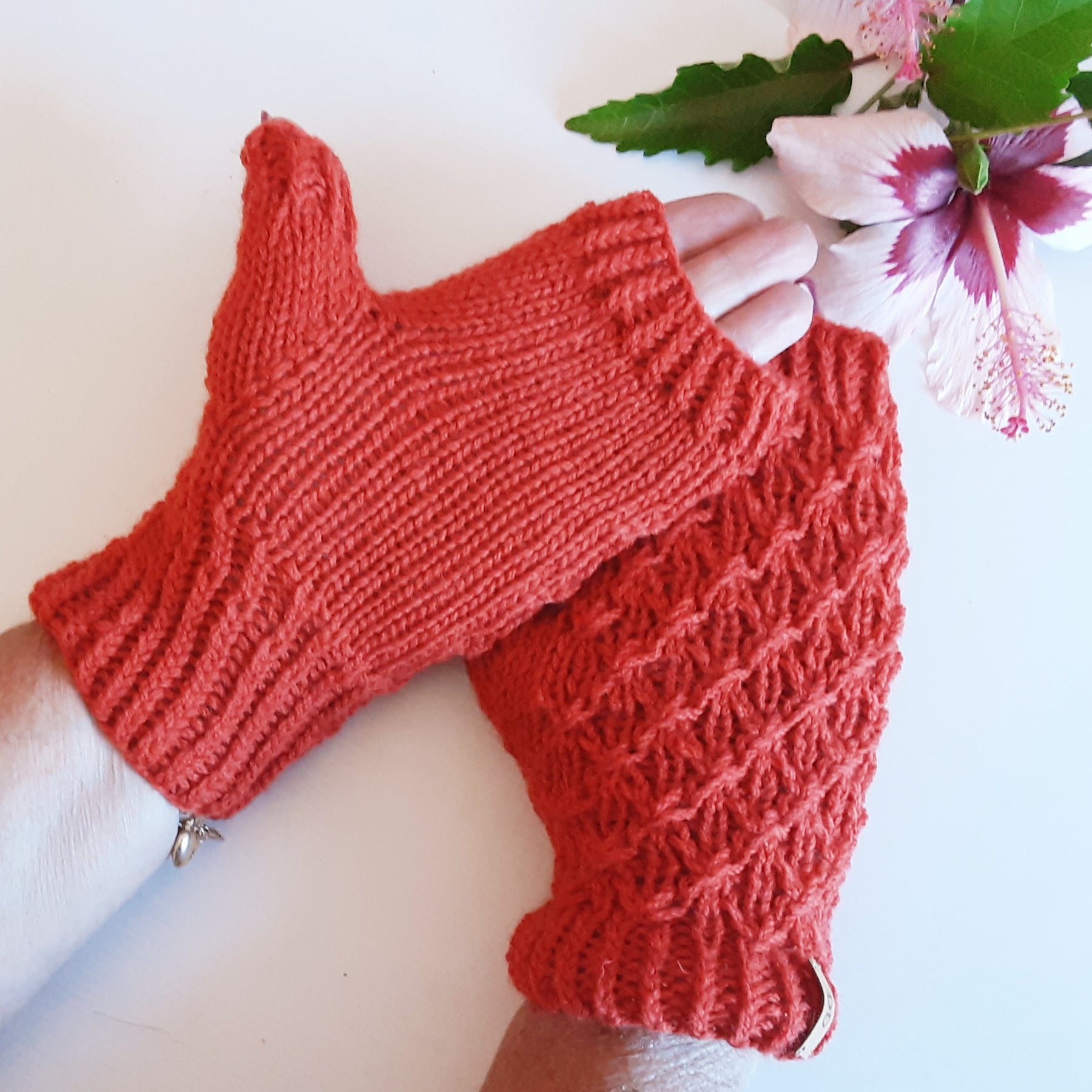 Handknitted fingerless mittens/gloves - burnt orange