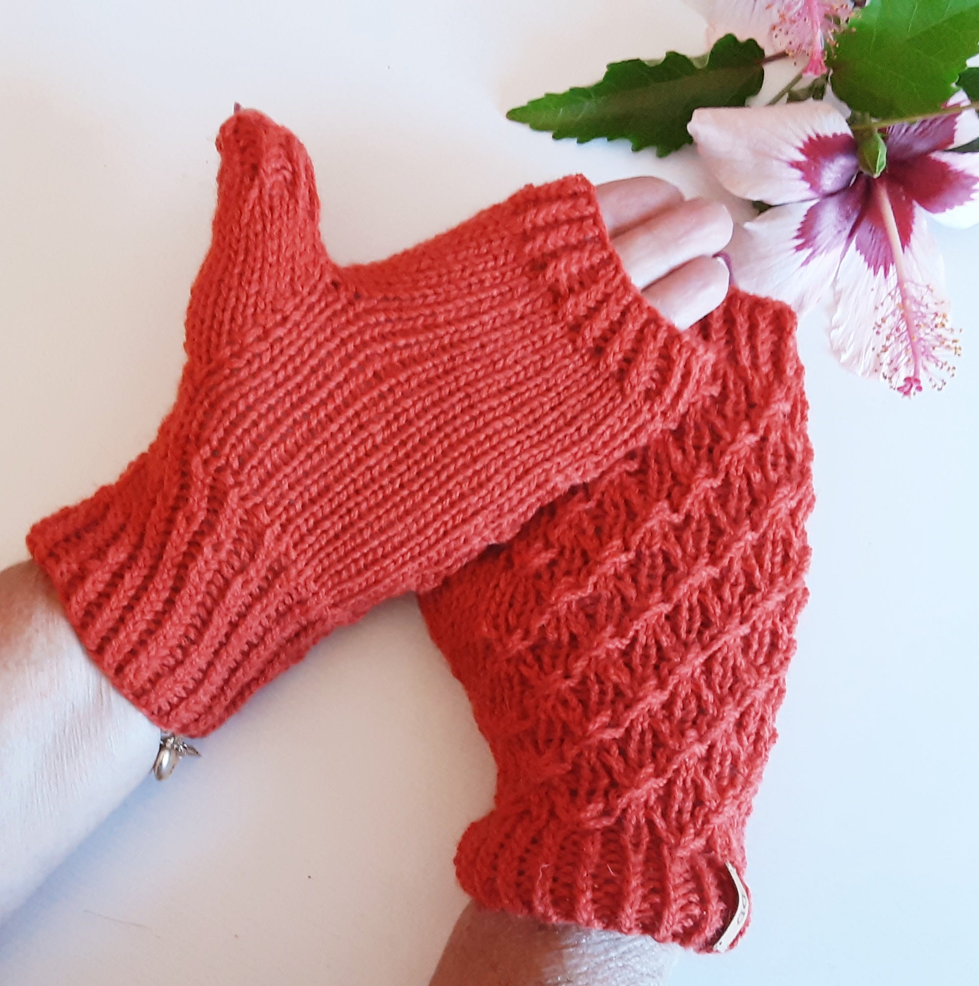 Handknitted fingerless mittens/gloves - burnt orange
