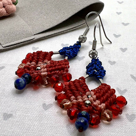 Red & Blue micro macrame earrings +Free microfibre pouch