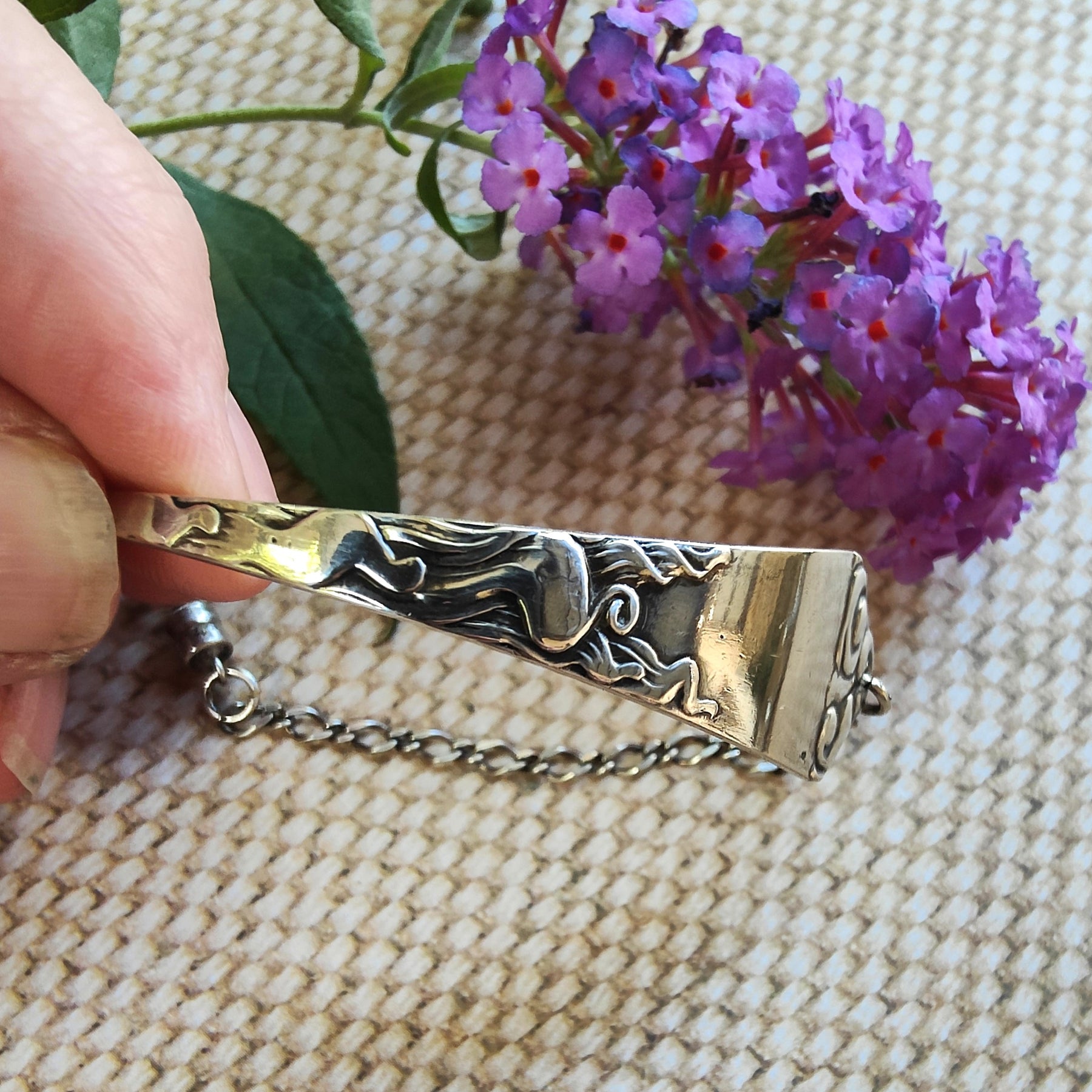 1919 Danish Sterling Silver Spoon Bracelet with Figaro Chain