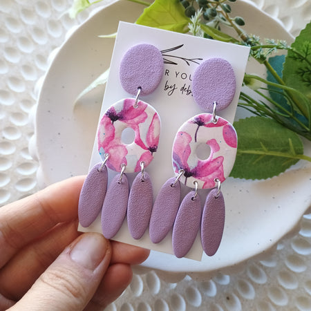 Statement size lavender floral earrings