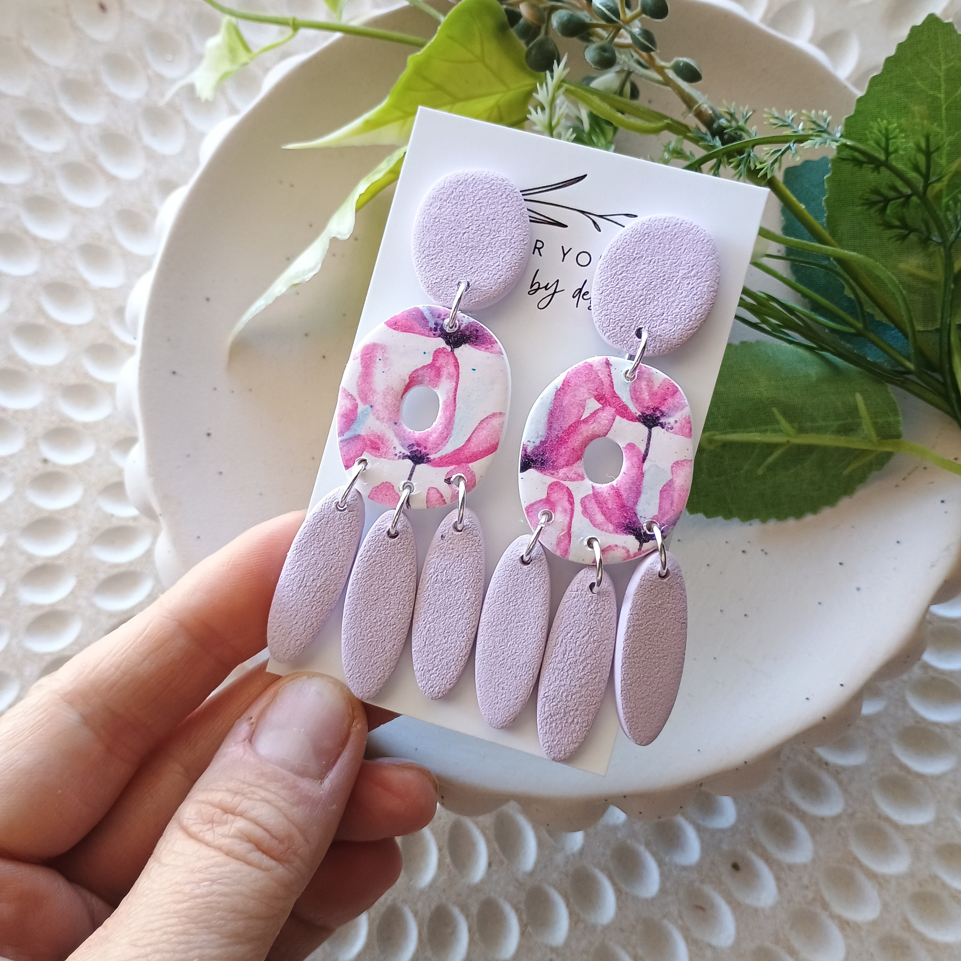 Statement size lavender floral earrings