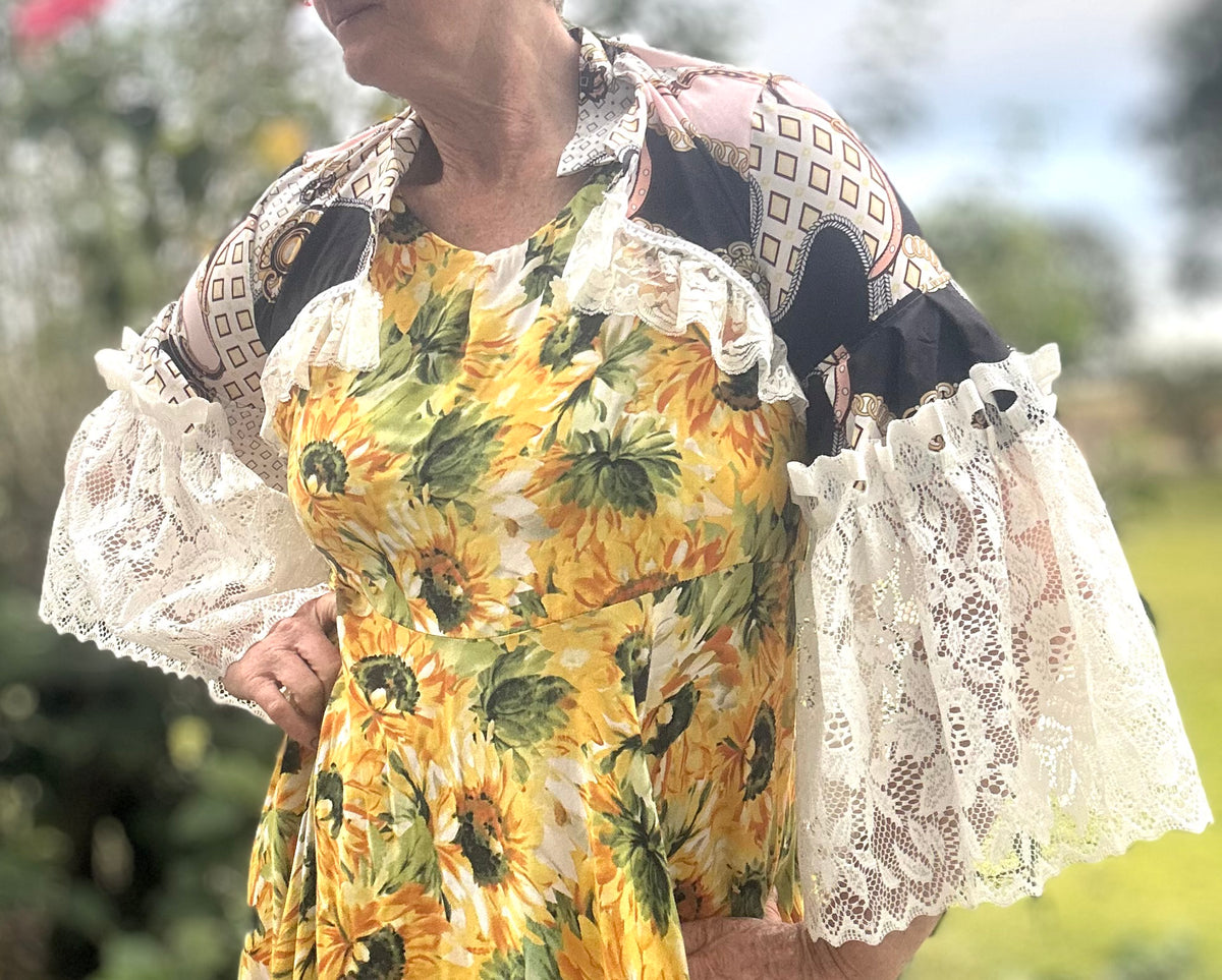 Upcycled Equestrian Patterned Bolero Cream Lace Sleeves