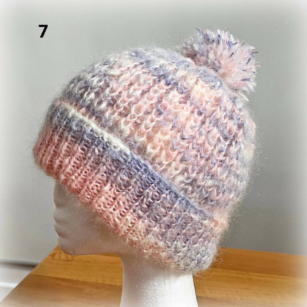 Pink variegated mohair slouchy beanie. Adult. Hand knitted. Free shipping.