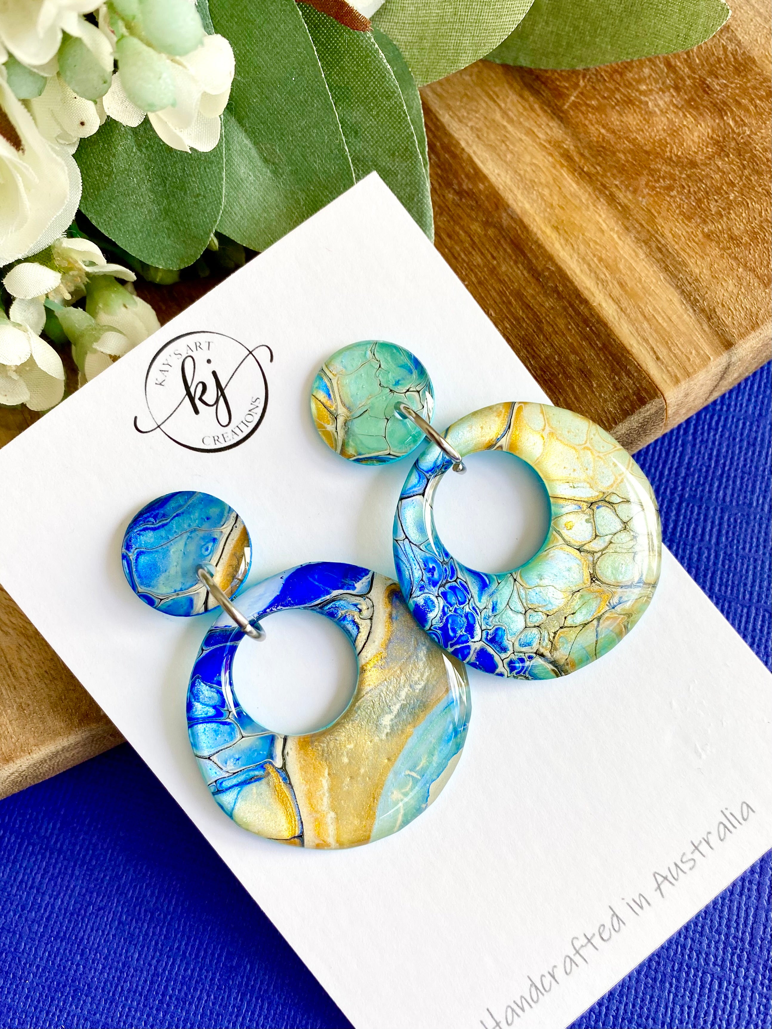 Hand Painted Turquoise Ultramarine Stud Dangle Earrings