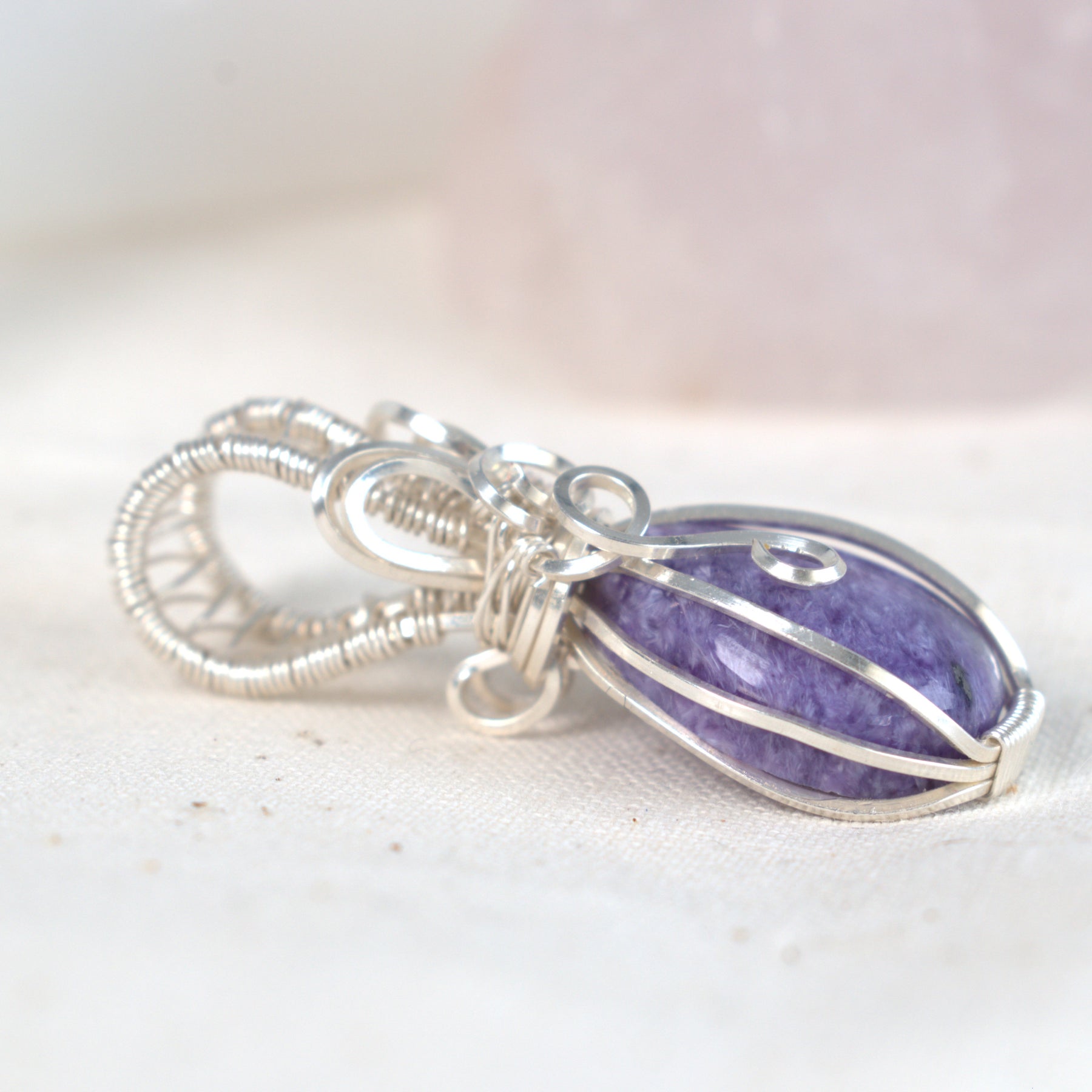Wire Wrapped Charoite Keepsake Pendant