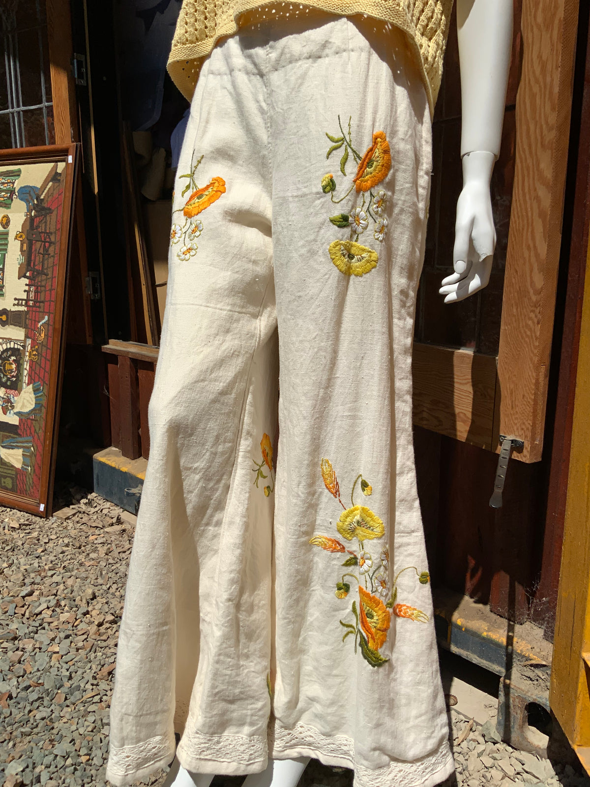 Upcycled embroidered linen tablecloth into "Flower Power" Bell Bottoms