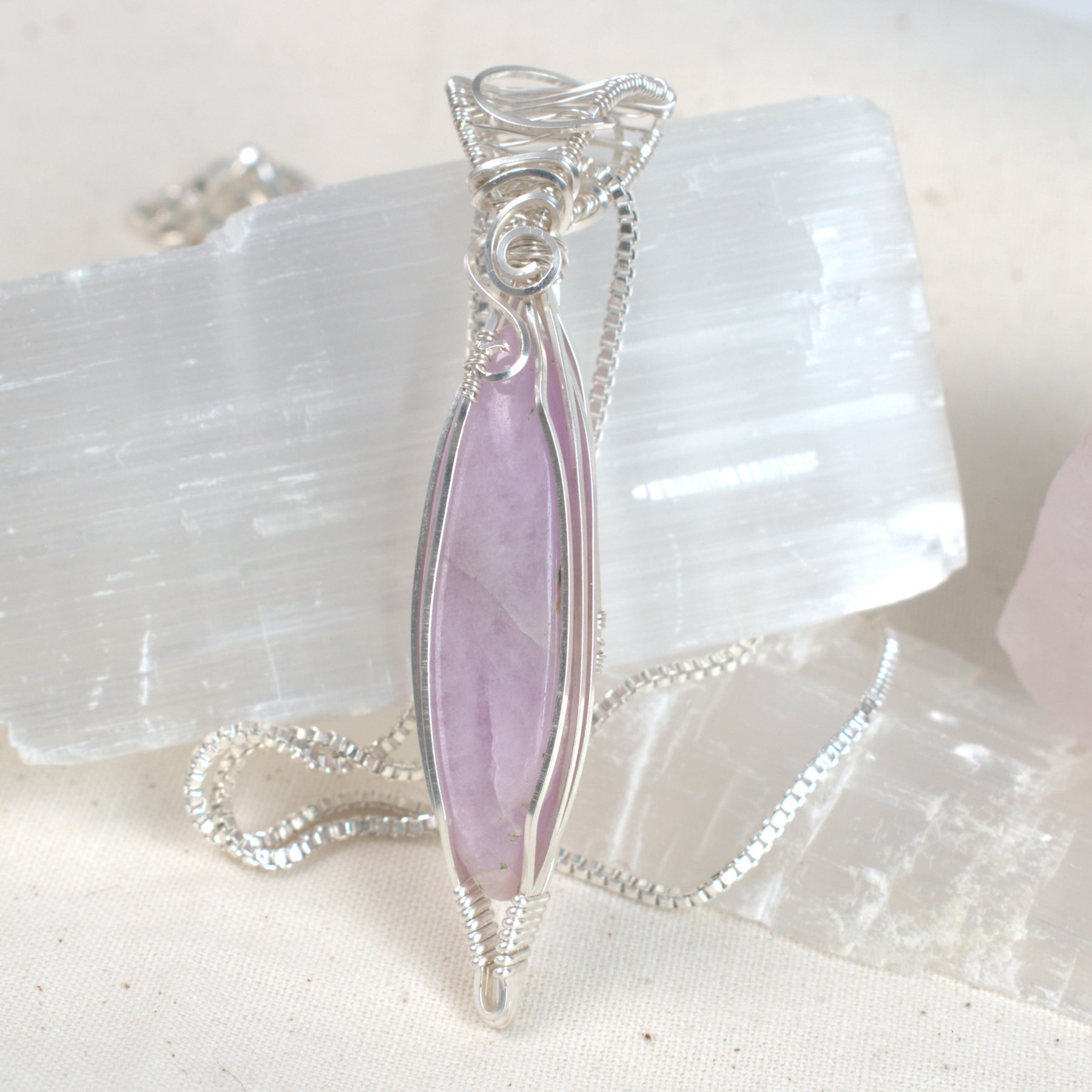 Lavender Mist – Wire Wrapped Kunzite Pendant