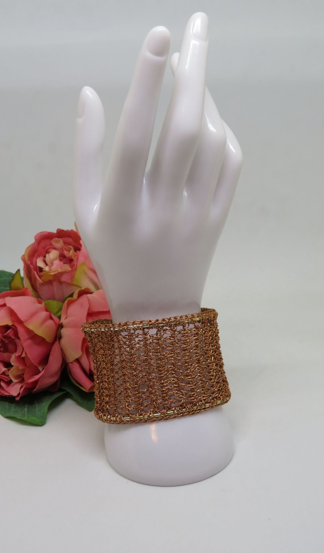 Bespoke Handmade Copper Crochet Shimmer Thread Cuff Bracelet