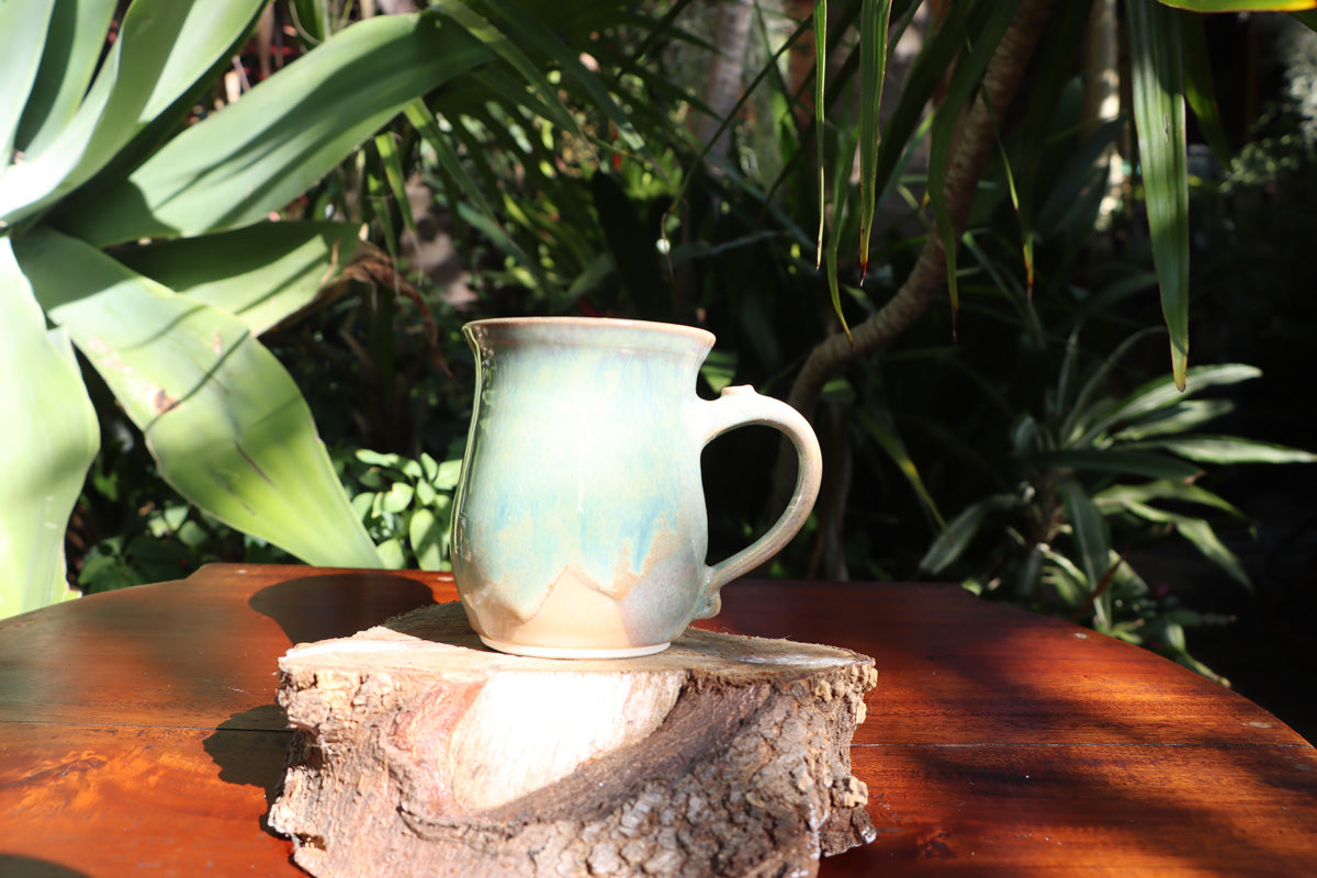 Large stoneware coffee mugs in misty green over cream glaze, hand made tea mugs