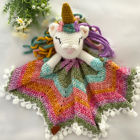 Unicorn Baby Comforter Blanket, Handmade Crochet Baby Lovey Blanket