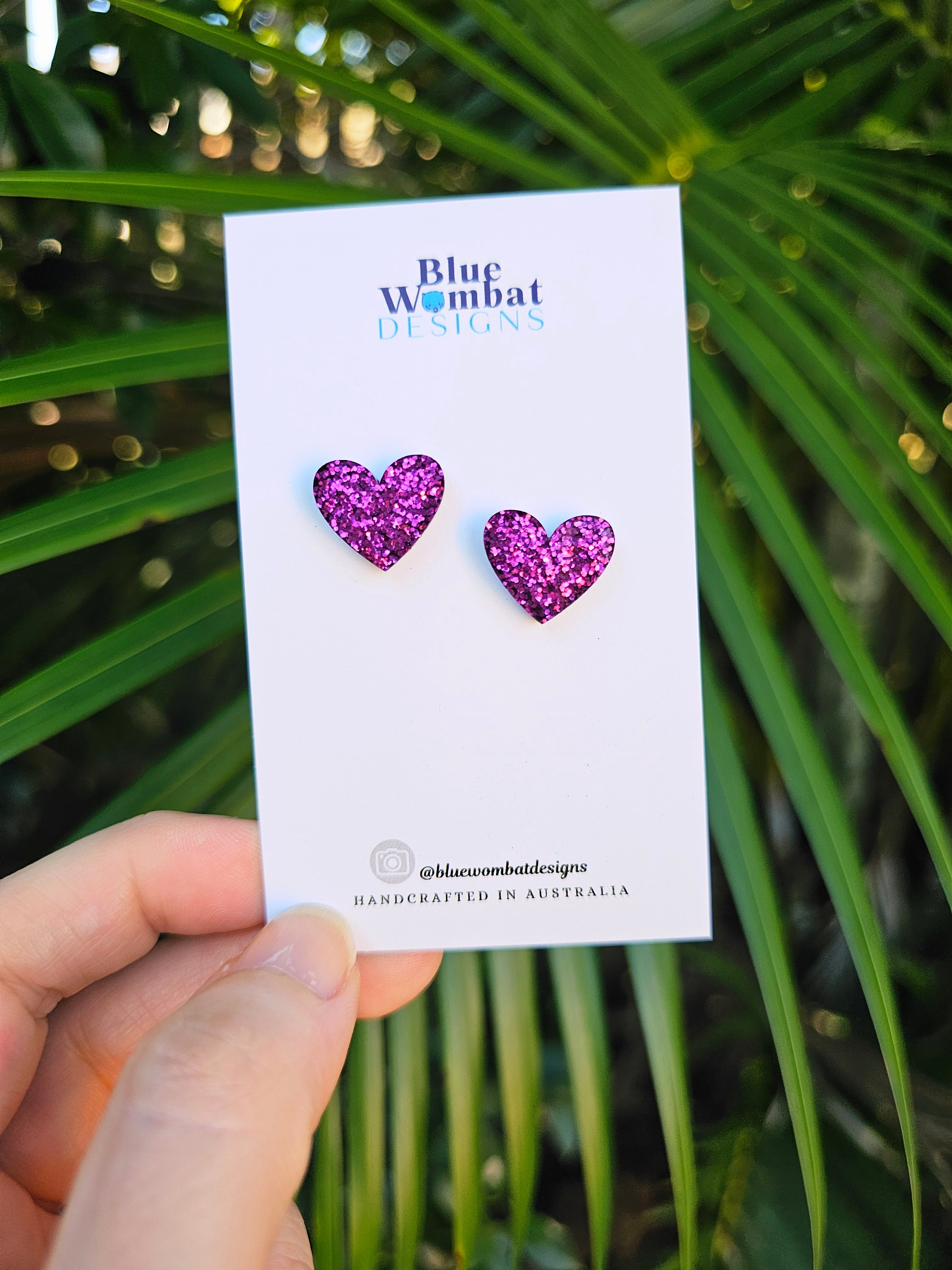 Resin Love Heart Pink Glitter Studs 16mm