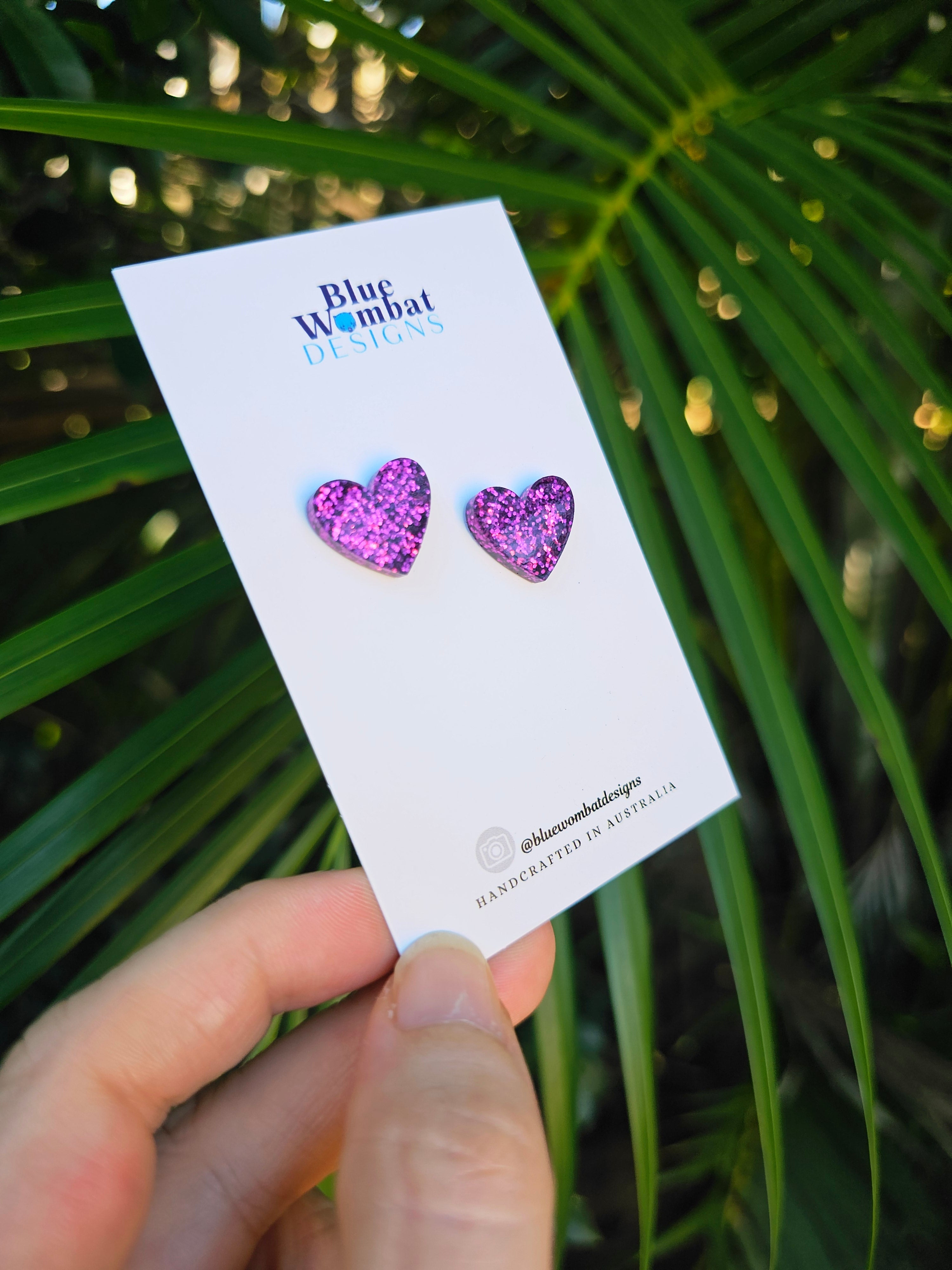Resin Love Heart Pink Glitter Studs 16mm