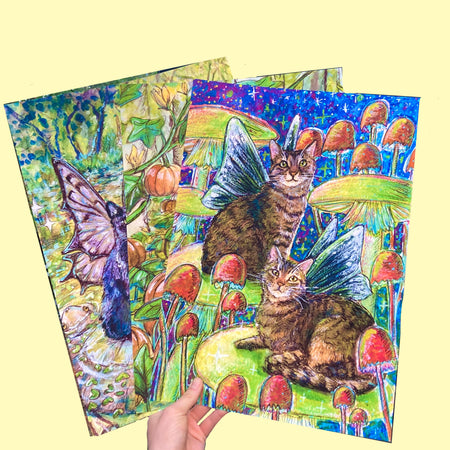 A3 Fine Art Print - Watercolour Fairy Cats