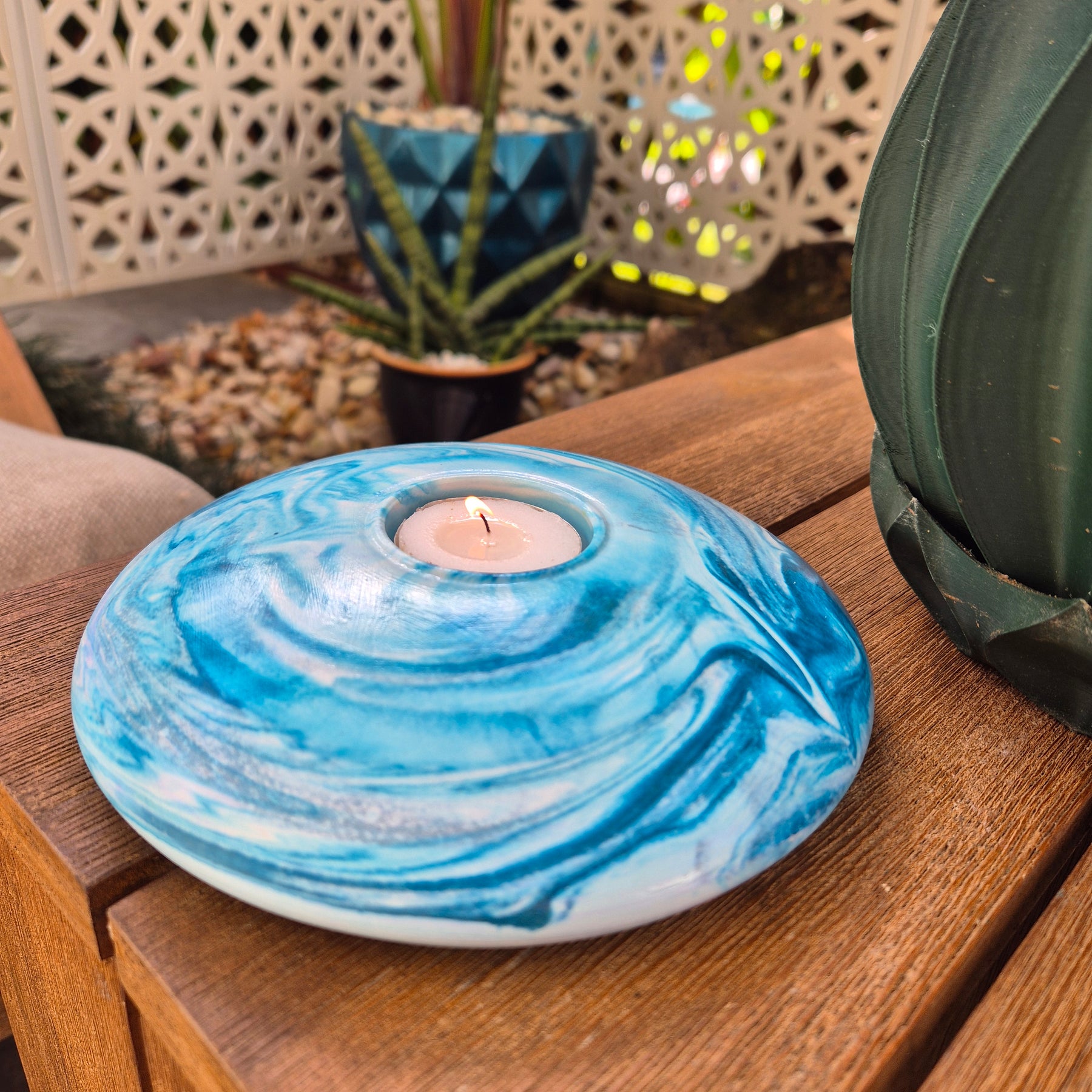 Large round concrete tealight candle holder in teal