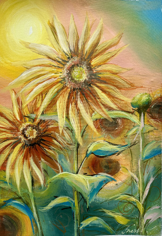 Sunshine blooms, acrylic painting on canvas paper, framed 40x50cm, signed