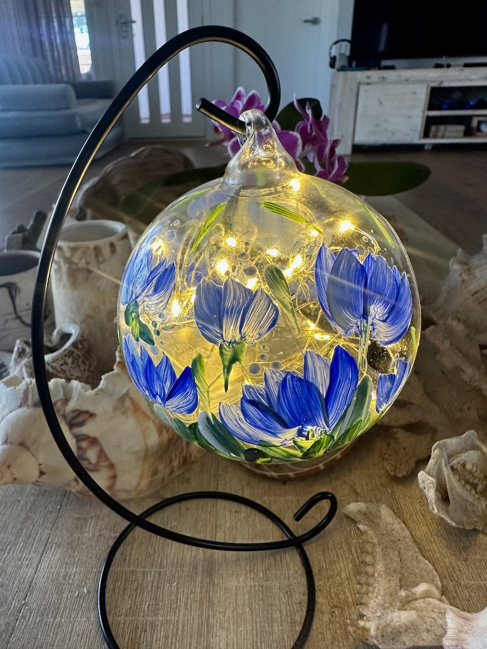 Glass Hanging Candle Holder Hand Painted With Blue Blooms