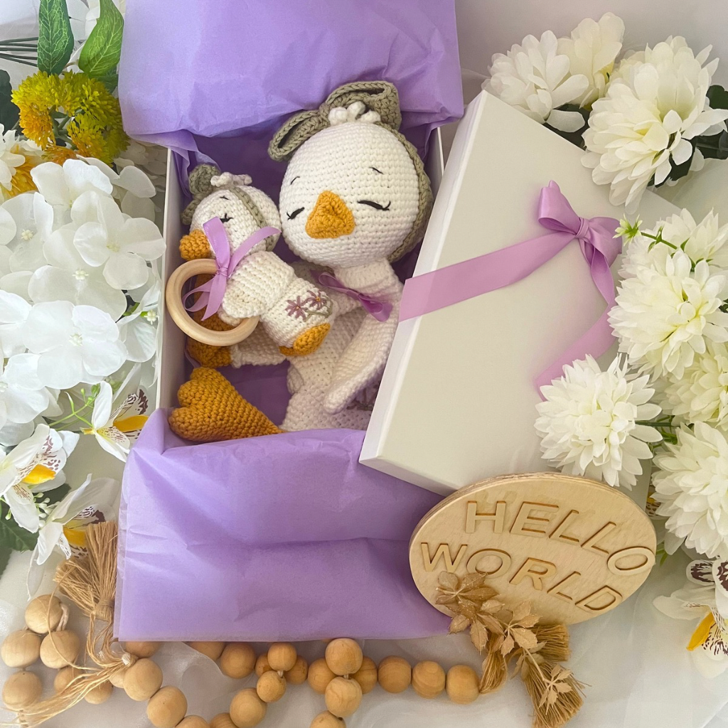 Handmade Crochet Missy Goose Snuggler Teether Baby Gift Set