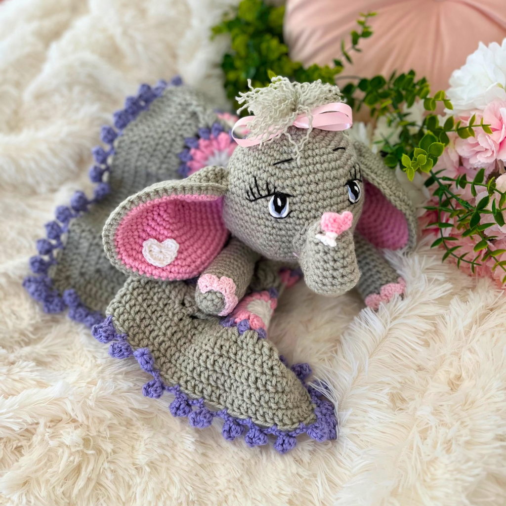 Crochet Elephant Lovey Blanket Miss Ellie, Crochet Elephant Snuggler