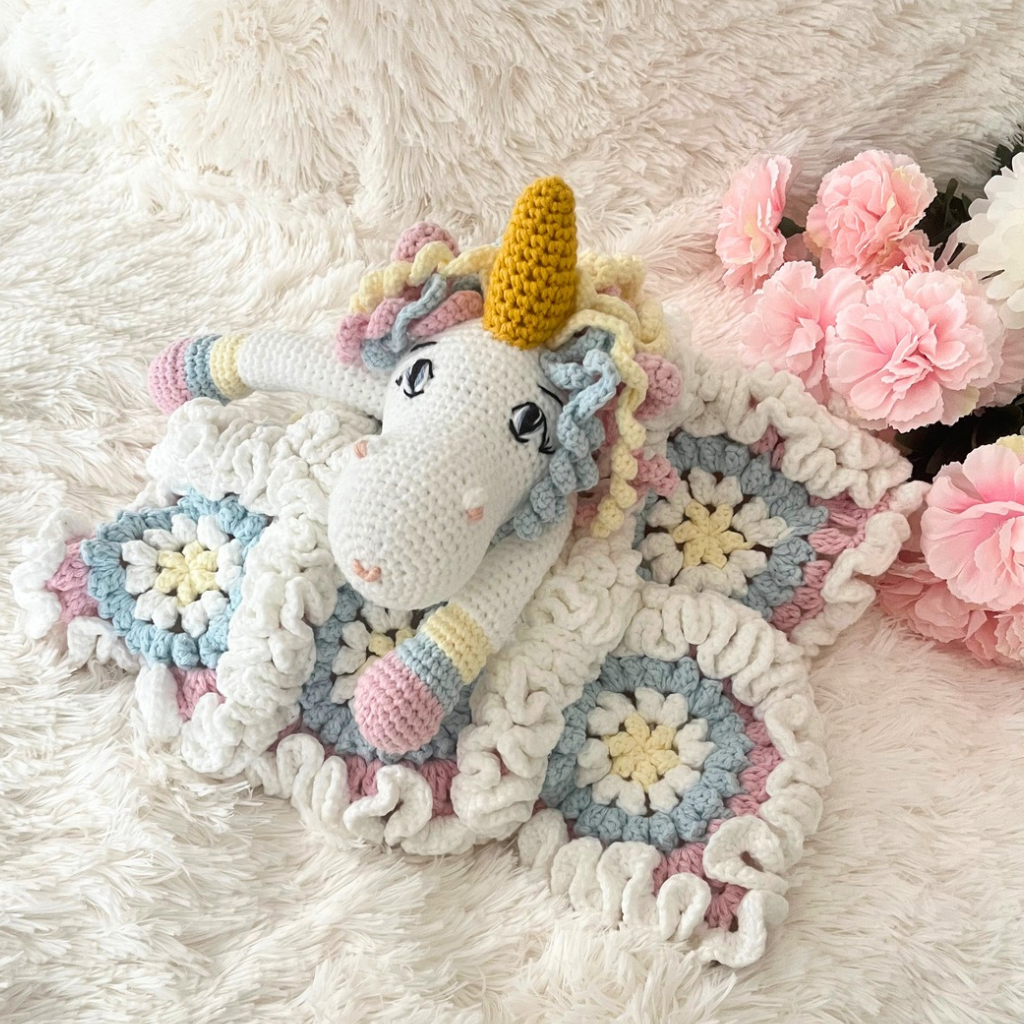Crochet Unicorn Snuggler, Handmade Unicorn Lovey Blanket