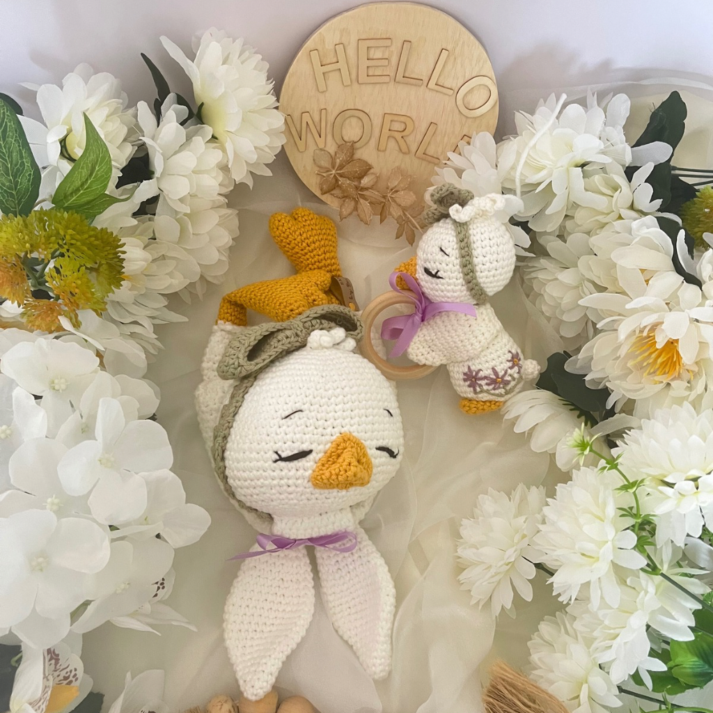 Handmade Crochet Missy Goose Snuggler Teether Baby Gift Set