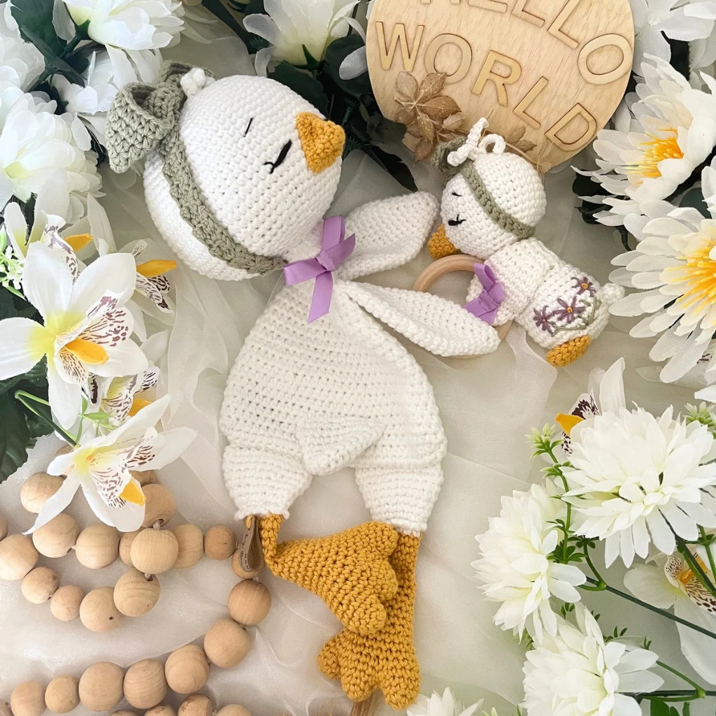 Handmade Crochet Missy Goose Snuggler Teether Baby Gift Set