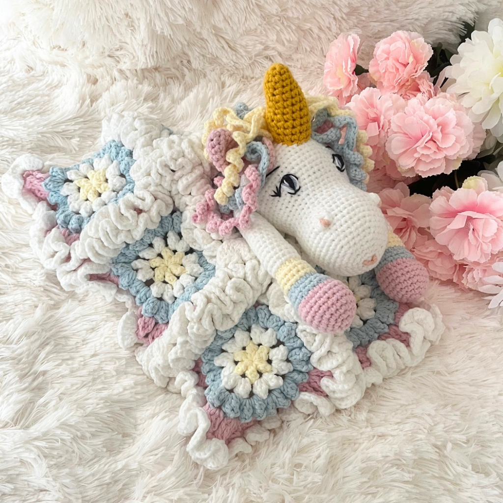 Crochet Unicorn Snuggler, Handmade Unicorn Lovey Blanket