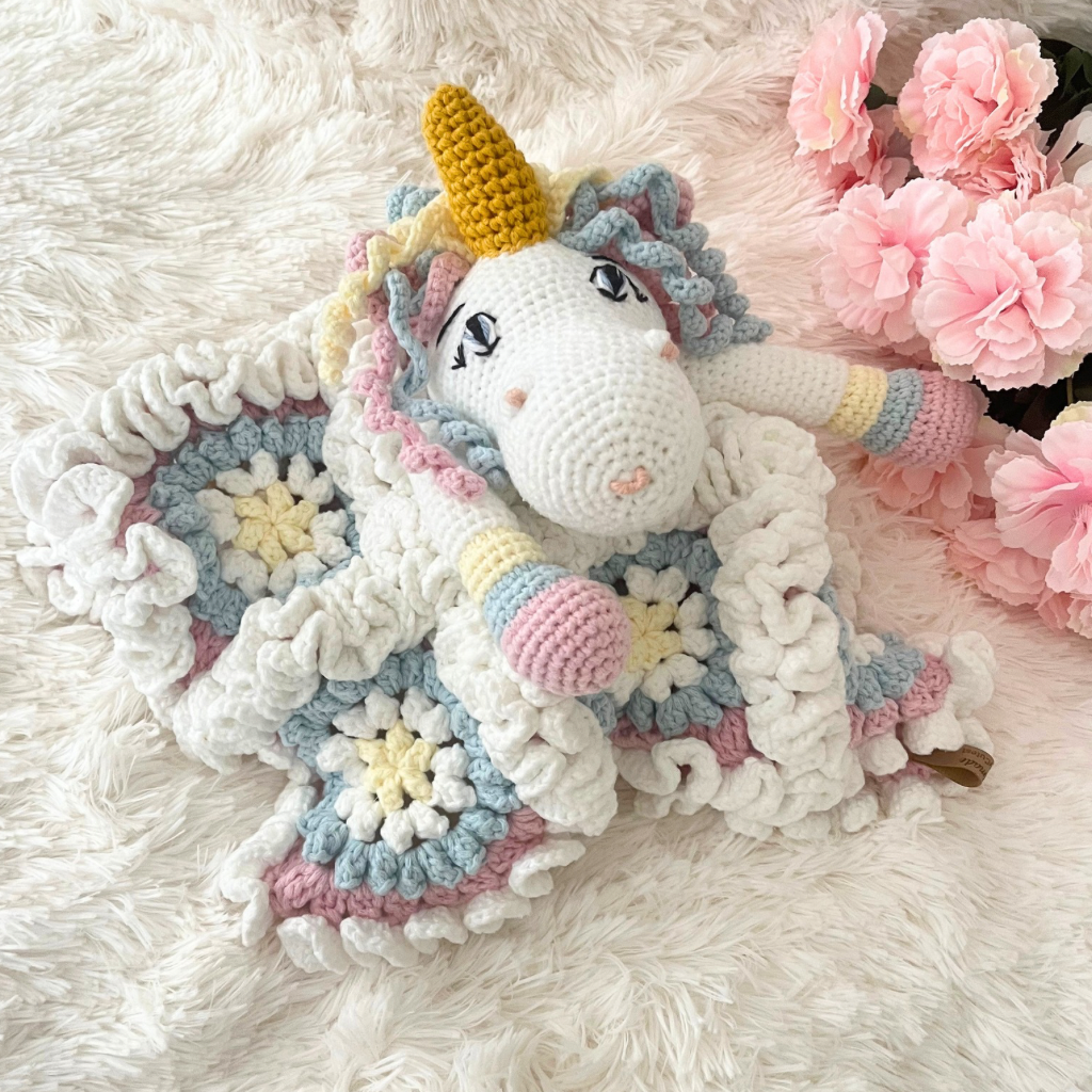 Crochet Unicorn Snuggler, Handmade Unicorn Lovey Blanket
