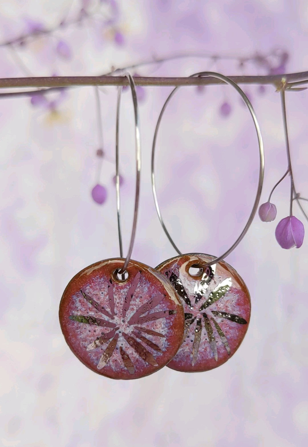 Raspberry Shine Ceramic Earrings. Lightweight, dangle, hoop earrings.